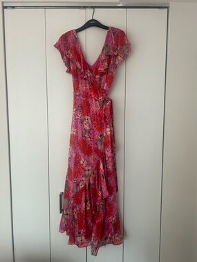 Sezane Pink and Red Floral Wrap Maxi Midi Dress 100% Silk